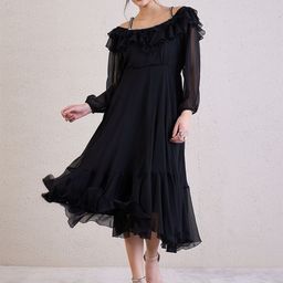 Antheaa Embellished Puff Sleeve frilled Fit and Flare Midi Dress-picture-22