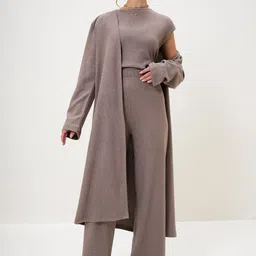 Trend Alacati stili Ribbed Round Neck Top With Trouser & Coat Co-Ords-picture-53