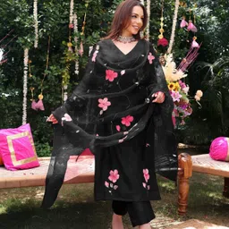 DIVASTRI Floral Printed V-Neck Straight Kurta With Palazzos And Dupatta-image-32