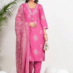 Vbuyz Women Floral Printed Regular Pure Cotton Kurta with Trousers & With Dupatta-picture-22