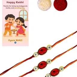 Anouk Set Of 3 Red Stone Rakhi With Funny Card, Roli & Chawal image 3