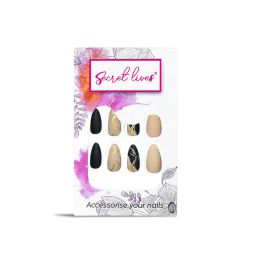 Secret Lives Glossy Matte Reusable Artificial Fake False Press on Nails Camel Brown and Black Color with Golden Glitter Design 24 Pieces Set with Kit image 2