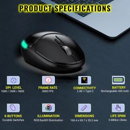 Ant Esports GM325 PRO Mini Wireless Static RGB Gaming Mouse, 2.4G Wireless, 5 Buttons, USB Nano Receiver, Black image 4