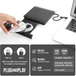 External DVD Drive USB 3.0 & Type-C CD Burner, Slim Portable Optical Drive CD/DVD ROM +/-RW Rewriter Compatible with Laptop, PC, Mac.Book, Desktop, Notebook, Windows, Linux Mac OS - Black image 2