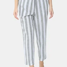 Bareblow Women White & Grey Striped Pure Cotton Lounge Pants-14