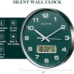 12 Inch Non-Ticking Silent Wall Clock with LCD Display for Perpetual Calendar and Temperature,Analog,Digital,Fibreglass (Green) image 1