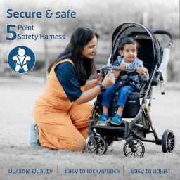 LuvLap Alpha Baby Stroller/Pram, One Fold, Travel Friendly, 5 Point Safety Harness, Reversible Handle bar, Multilevel Recline & Adjustable footrest, Extendable Canopy, for Babies 0-3 Years (Blue) image 5