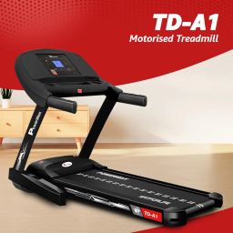 PowerMax Fitness TD-A1 (4 HP Peak) Motorised Foldable Treadmill for Home User Wt. 120kg, 15 Lvl Auto-Incline Running Machine for Max Pro workout, Top Speed 14 km/ph, Speaker, Aux, LCD Disp., Bluetooth image 1