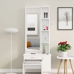 Bniture Wooden Dressing Table for Bedroom with 1 Drawer, Mirror and Huge Storage Space with Stool | Long Dresser Vanity Table with Mirror(40D x 68W x 175H CM) (Frosty White) image 2