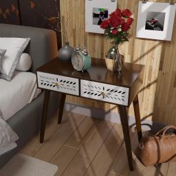 Mid-Century Modern Bedside Table with Solid Wood Legs, Minimalist and Practical End Side Table with 2 Storage Drawer, Easy Assembly (Brown) image 2