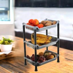 Kuber Industries Pack of 2 Plastic 3 Layer Multi-Purpose Kitchen Storage Basket Rack|Vegetable Basket For Kitchen (Grey, Tiered Shelf) image 1