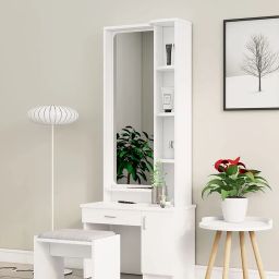 Bniture Wooden Dressing Table for Bedroom with 1 Drawer, Mirror and Huge Storage Space with Stool | Long Dresser Vanity Table with Mirror(40D x 68W x 175H CM) (Frosty White) image 3