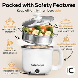 InstaCuppa 3-in-1 Multi Cook Kettle with Steamer, 1.2 L Inner Pot, Adjustable Temperature Settings, Wide Mouth, Ideal for Boiling Milk, Tea, Coffee, Eggs & Steaming Veggies, 600 Watts, Elegant White image 4