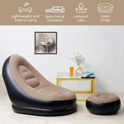 Inflatable Lounger Set 2-in-1 Sofa Chair with Footstool, Portable Outdoor Recliner with Air Pump, Multicolor Inflatable Leisure Flocking Lazy Couch image 5