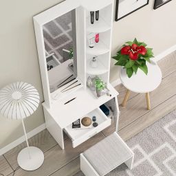 Bniture Wooden Dressing Table for Bedroom with 1 Drawer, Mirror and Huge Storage Space with Stool | Long Dresser Vanity Table with Mirror(40D x 68W x 175H CM) (Frosty White) image 4