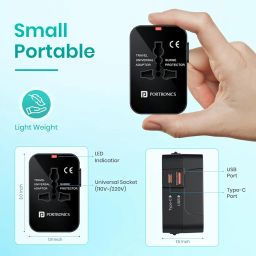 Portronics Juicemate Universal Travel Adapter with 20W Type C PD & 18W USB-A Output Port, All in One International Travel Fast Charging Adapter, Suitable for 200+ Countries US,UK,EU,AUS,Etc(Black) image 1