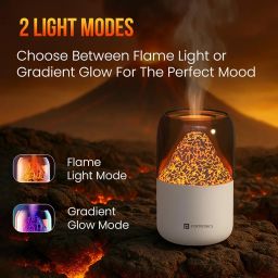 Portronics Magma 2-in-1 Volcano Water Mist Humidifier & Night Lamp with Flame & Gradient Light, Type-C Powered, Silent Operation, Dual Mist Modes, 300 ml Tank, Skin Hydration & Easy Breathing, White image 2