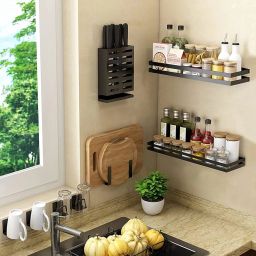 "Wall-Mounted Floating Shelf Pack of 2 - Black Iron Wall Shelf with Hooks, 16 Inches Long - Decorative, Rustic, Multi-Purpose Storage for Kitchen, Bathroom, or Living Room image 4