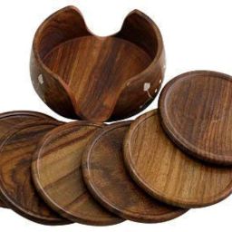 sk handicrafts Wooden Round Drink Coasters Set Of 6 With Decorative Holder | Tabletop Coasters For Tea Coffee Cups. (Brown) 3.5 Inch (Lotus) image 1