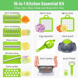Vegetable Chopper, 16 in 1 Multifunctional Food Chopper with Vegetable Peeler, Kitchen Vegetable Slicer, Dicer Cutter with Container, Chopper for Onion Carrot Cucumber (16-in-1-Cutter) image 1