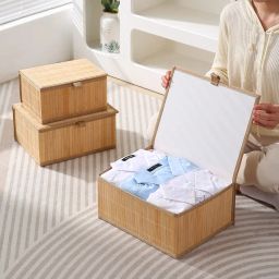 HomeStorie Eco-Friendly Bamboo Storage Boxes with Lid, Brown, Large+Medium+Small, Rectangle, Set of 3 (AR2163) image 2