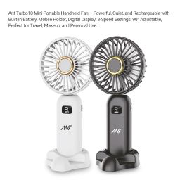 Ant Turbo10 Mini Portable Handheld Fan Quite Powerful Built in Rechargeable Battery-operated Fan with Mobile Holder Digital Display 3 Speeds 90°Adjustable Personal Small Hand Fan Travel Makeup_White image 1