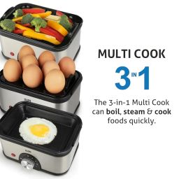 Glen 3 in 1 Electric Multi Cooker | Egg Boiler - Steam | Cook & Boil - 45 Minutes Timer | 350W Boil 8 eggs at a time -non stick heating plate 2 food/egg trays for cooking at 2 levels (SA3035MC) image 2