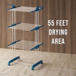 Amazon Basics Mild Steel Double Supported 3 Layer Cloth Drying Rack | Foldable and Movable | Silver & Teal | Iron, Plastic | image 5