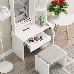 Bniture Wooden Dressing Table for Bedroom with 1 Drawer, Mirror and Huge Storage Space with Stool | Long Dresser Vanity Table with Mirror(40D x 68W x 175H CM) (Frosty White) image 5