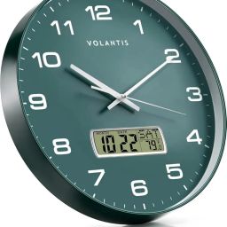 12 Inch Non-Ticking Silent Wall Clock with LCD Display for Perpetual Calendar and Temperature,Analog,Digital,Fibreglass (Green) image 2