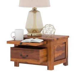 Radha Solid Wood Bedside Table - Premium Rectangular Design Nightstand with 1 Drawer and 1 Tray - End Table for Bedroom and Home - Sheesham Wood, Maple Finish image 1