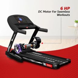 PowerMax Fitness TD-A1 (4 HP Peak) Motorised Foldable Treadmill for Home User Wt. 120kg, 15 Lvl Auto-Incline Running Machine for Max Pro workout, Top Speed 14 km/ph, Speaker, Aux, LCD Disp., Bluetooth image 3