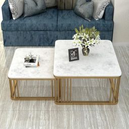 Square Center Tables Coffee Table Set of 2 Cocktail Table with Open Storage Shelf for Living Room Minimalist Style Modern Furniture Side End Table (Golden White) image 1