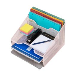 Mind Reader Network Collection, 3-Tier, 5-Compartment Desktop Organizer with 2 Vertical File Holders and 3 Horizontal Paper Trays, Desktop Organizer, Metal Mesh, 12.5" L x 11.5" W x 9.5" H, Pink image 4