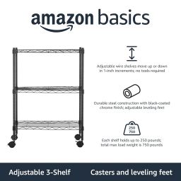 amazon basics Height Adjustable 3-Shelves Heavy Duty Rack with Wheels (Black) image 3