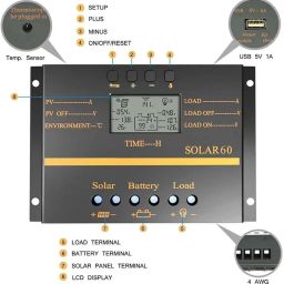 REES52 60A Solar Charge Controller, Solar Charge Controller 12V 24V Solar Panel Controller with LCD Display USB for LiFePO4 FLD AGM Gel and Lithium Battery image 1