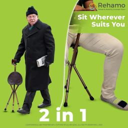 Rehamo Walking Stick with Folding Seat/Chair/Stool & Anti Slip Rubber Bush, Adjustable Height Cane with Tri-Pad Base & Built-in Seat | 2 in 1 Aluminium Folding Walking Stick Seat with 1 Year Warranty image 3