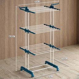 Amazon Basics Mild Steel Double Supported 3 Layer Cloth Drying Rack | Foldable and Movable | Silver & Teal | Iron, Plastic | image 2