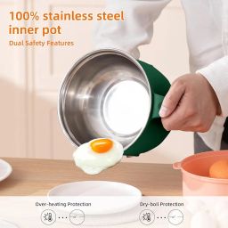 Torzit 1.5L Multipurpose Electric Cooker Non-Stick Rice Cooker with Steamer Egg Boiler Automatic Electric Pot for Cooking, Boiling, Steaming Mini Hot Pot with Glass Lid (Cooking Pot+Steamer) (Green) image 4