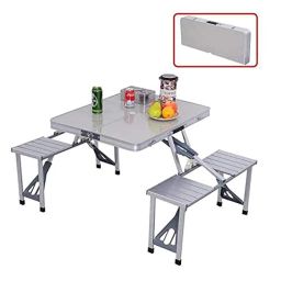 ON STORE PᎥcnic Table Heavy Duty Aluminium Portable Folding Camp Suitcase Picnic Table and 4 Chairs Set with Umbrella image 5