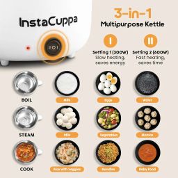 InstaCuppa 3-in-1 Multi Cook Kettle with Steamer, 1.2 L Inner Pot, Adjustable Temperature Settings, Wide Mouth, Ideal for Boiling Milk, Tea, Coffee, Eggs & Steaming Veggies, 600 Watts, Elegant White image 2