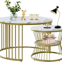 NEST NATURE HAVEN Round Coffee Table, Modern Nestings Table Set of 2, Sofa Side Table with Marble Veneer Top and Metal Frame, End Table for Living Room Bedroom Home or Office (Golden White) image 1