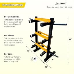 Protoner 3 in 1 Dumbbell Rack, Plate Stand and bar Holder (Black and Yellow) image 5