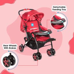 Mee Mee Baby Stroller Pram for 0-3 Years | 5-Point Harness, 3 Level Adjustable Canopy, 3 Recline Position, Reversible Handle | Detachable Feeding Tray with Large Stogare Basket (Red) image 1