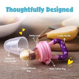 Novo Baby Baby Fruit Feeder – Silicone Food & Fruit Nibbler with Extra Mesh, Soft Pacifier Feeder & Teether for Infants, Bunny Design (Violet & Pink) image 1