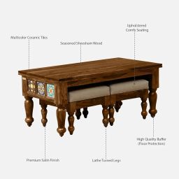 Shriram Provincial Teak Finish Sheesham Wood Nesting Coffee Table Set with 4 Cushioned Stools image 3