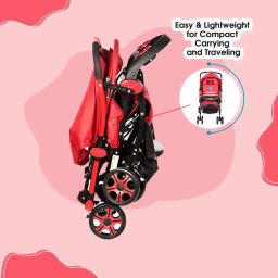 Mee Mee Baby Stroller Pram for 0-3 Years | 5-Point Harness, 3 Level Adjustable Canopy, 3 Recline Position, Reversible Handle | Detachable Feeding Tray with Large Stogare Basket (Red) image 5