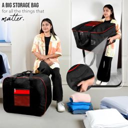 Storite 2 Pack Moisture Proof Nylon Large Size Underbed Storage Bag for Clothes with Net Pocket & front transparent pocket for note (54 x 46 x 28 cm) - Red Black, Rectangular image 5