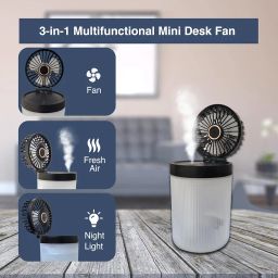 One94Store Mist Rechargeable Fan with 7-Color Night Light & Humidifier – Portable, 3-Speed Cooling, 1200mAh Battery (3-Hour Backup), Quiet & Foldable for Home, Office & Travel (Black) image 1