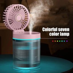One94Store Mist Rechargeable Fan with 7-Color Night Light & Humidifier – Portable, 3-Speed Cooling, 1200mAh Battery (3-Hour Backup), Quiet & Foldable for Home, Office & Travel (Pink) image 1